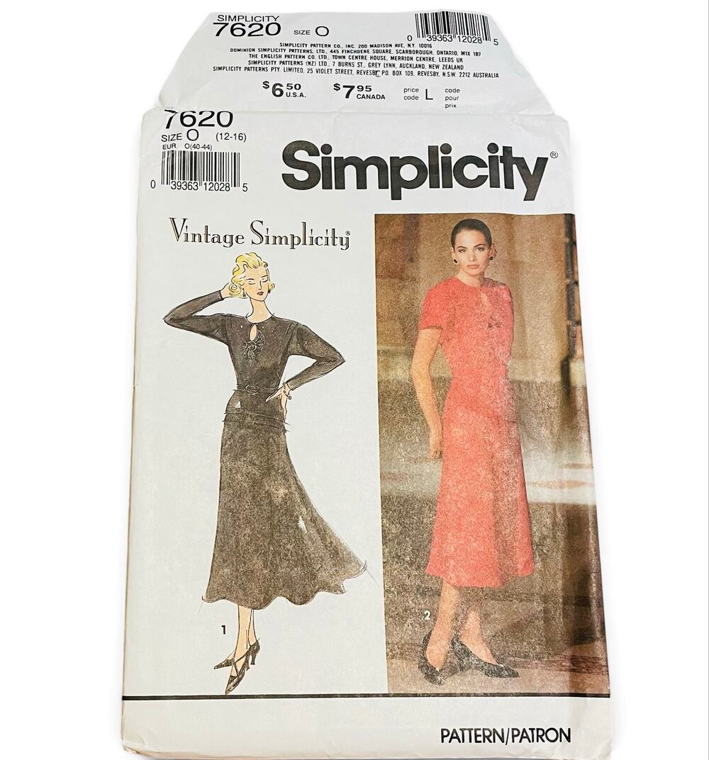 Simplicity 7620 Misses Size 12-16 Dress Sewing Pattern Vintage 1991 FF Uncut